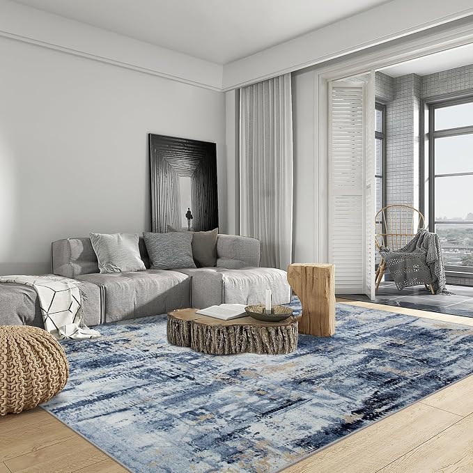 4x6 Area Rugs Washable Rug: Modern Abstract Living Room Rug Soft Anti-Skid Thin Carpet Indoor Floor Non-Shedding Carpets for Bedroom Dining Room Farmhouse Nursery Home Office - Blue Gold