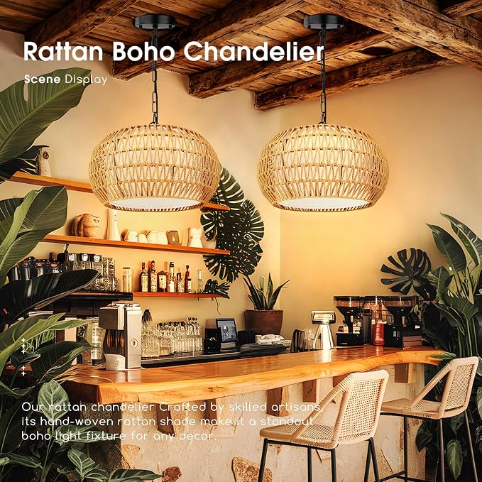 2 Pack Boho Rattan Chandelier for Dining Room, 5-Lights Farmhouse Chandelier Light Fixtures with Fabric Shade, Large 19" Hand Woven Pendant Lighting for Kitchen Island, Living Room-2PC