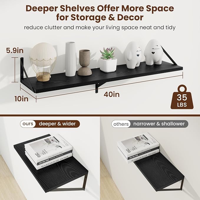 Axeman Deep Floating Shelves | 40 Inch Black Wall Shelves Set of 2 | 10 Inch Deep Rustic Wood Shelves for Wall | 40'' W x 10''D Black Shelves for Living Room Bathroom Kitchen