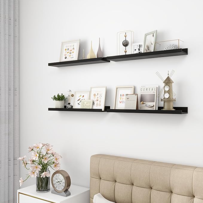 Acovy 24 inch Picture Ledge Shelf, Wood Floating Shelves Set of 4, Black | Wall Mounted, For Living Room Kids' Room Bedroom, Photo Ledge Nursery Book Shelves