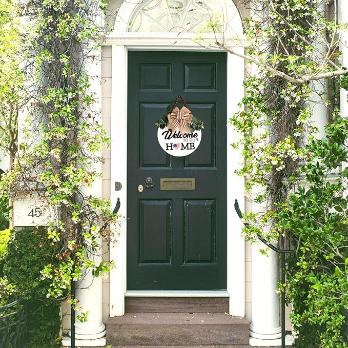 Welcome Sign for Front Door Wreath Decorations for All Seasons Front Porch Decor Hanging Gift for Farmhuose Home Outdoor Indoor (White A)
