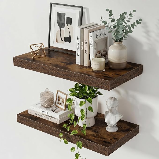 Acovy 24 Inch Floating Shelves for Wall,12" Deep Floating Shelf Set of 2 with Invisible Brackets,Rustic Farmhouse Wall Mounted Shelf for Kitchen,Bathroom,Living Room,Bed Room,Rustic Brown