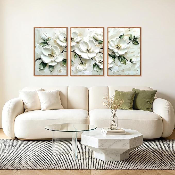 CHDITB 3D Neutral Beige Impasto White Magnolia Floral Textured Framed Canvas Wall Art Set, Minimalist Relief Wall Decor, Modern Texture Art Prints for Living Room Hallway Bedroom Home Decor 24"x36"x3