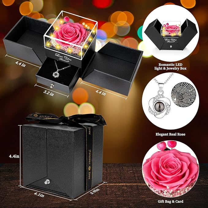 ENERLEAF Preserved Pink Real Rose-Eternal Flowers Rose Gifts for Mom Grandma Wife Girlfriend on Mothers Day Birthday Valentines Christmas Anniversary Romantic Gifts for Her with I Love You Necklace