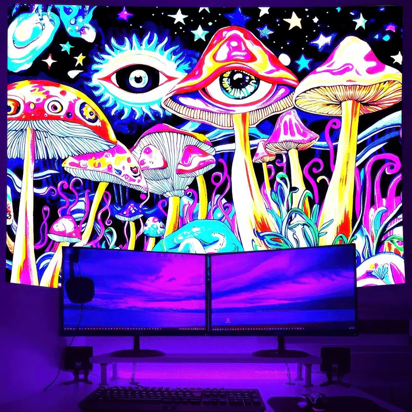 BlissYard Blacklight Tapestry Mushrooms Tapestry for Bedroom Uv Reactive Tapestry 78x59 Inches Cosmic Mushrooms Wall Hanging, Fluorescent Art Decoration with Eyes, Stars, and Psychedelic Design
