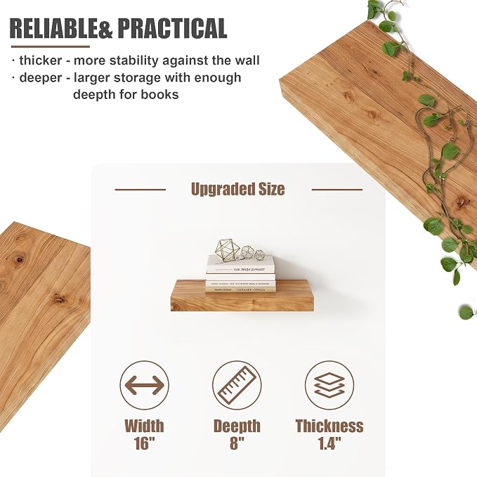 FLYJOE Floating Shelves for Wall, USA-Sourced Elm Wood 16 Inch Wall Shelves Set of 2, Natural Wooden Mounted Picture Ledge Shelf, Nursery Book Storage Shelf Kids Bookshelf Display, Shelf for Bathroom