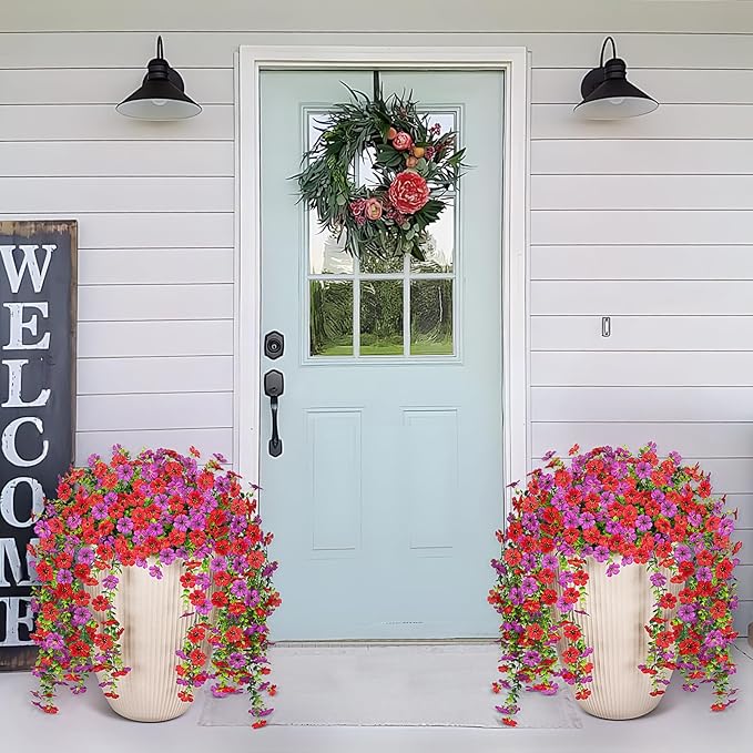 Fake Artificial Hanging Flowers for Outdoors Decoration, 2 PCS Faux UV Resistant Artificial Outdoor Flowers, Fake Plants Look Real Daisy No Fade Spring Decor for Porch Home Patio Balcony and Yard