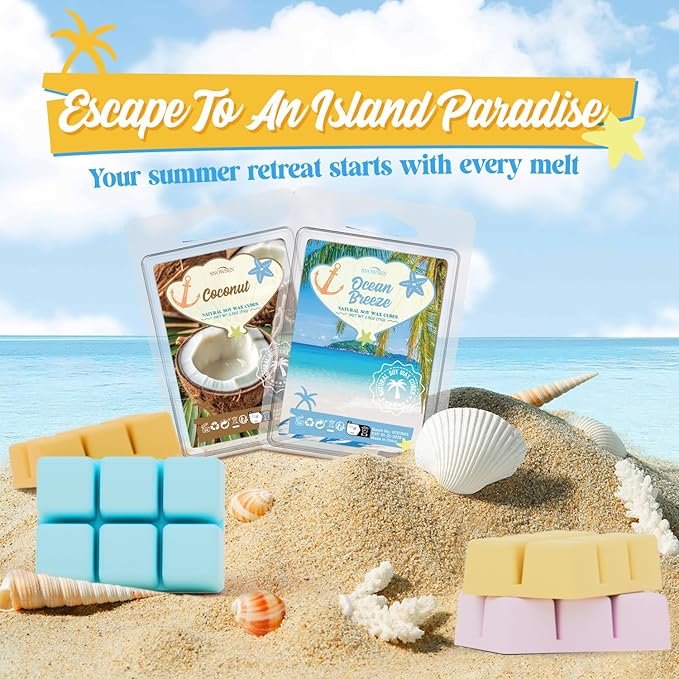 Summer Wax Melts Gift Set, Long Lasting Soy Scented Wax Cubes for Wax Warmers, Coconut, Pineapple, Watermelon, Mojito, Passion Fruit, Vanilla Ice Cream, Ocean Breeze, Fresh Cotton, 8x2.6 oz