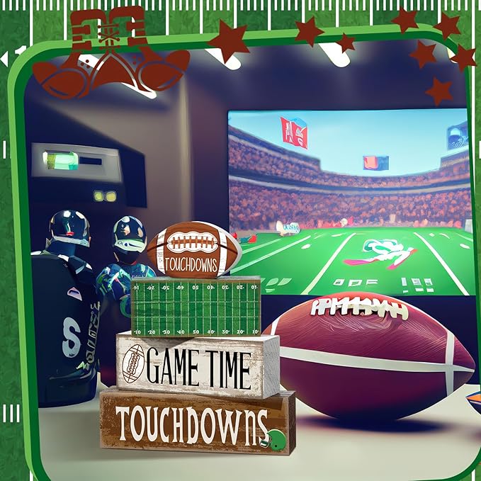 Yuntau 4 Pcs Football Table Decorations Spring Football Tiered Tray Decor Spring Wooden Sign Soccer Centerpiece Decorative Faux Book Stack Block for Coffee Table Fireplace Mantel Floating Shelf