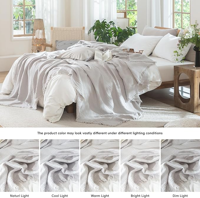 MooMee Muslin Blanket - 100% Cotton 4-Layer Gauze Throw Blanket with All-Around Fringe, Soft Breathable Lightweight Cooling Summer Blankets for Bed Couch (Light Grey,Throw 60" x 50")