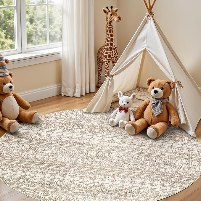 Tortania 5' Round Area Rug Living Room Rugs - Washable Large Soft Neutral Boho Moroccan Bohemian Farmhouse Rug Indoor Floor Carpet for Bedroom Under Dining Table Home Office Decor - Light Brown