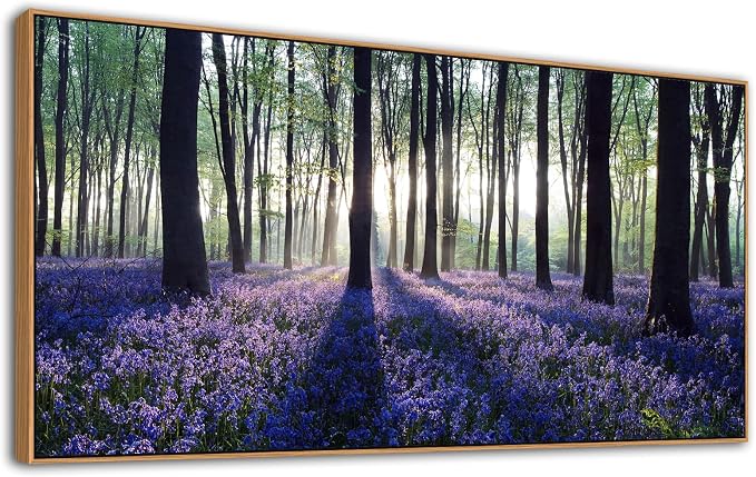 yearainn Framed Purple Lavender Forest Canvas Wall Art 24" x 48" | Lavender Field Sunlight Trees Canvas Picture, Nature Landscape Painting Artwork for Home Wall Decor, Natural Wood Frame