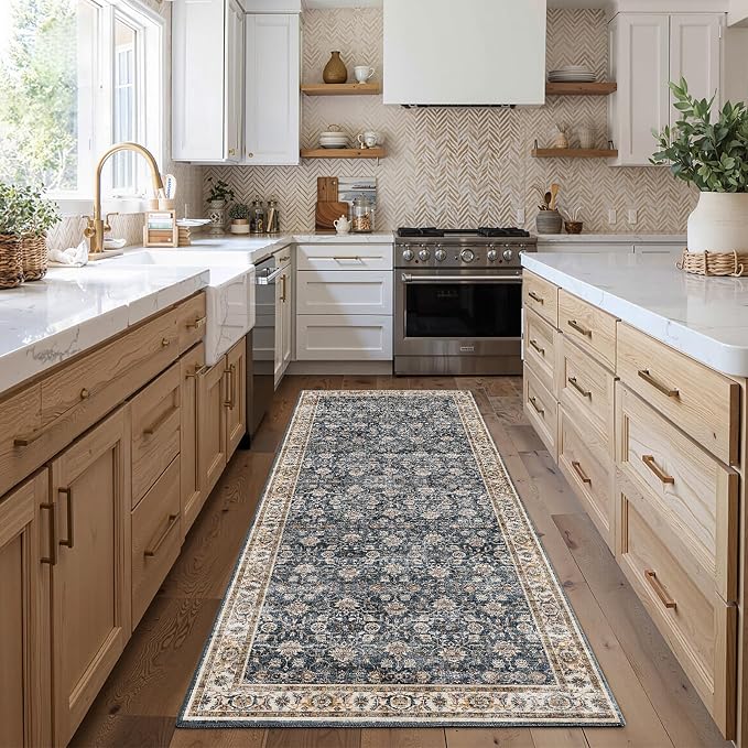 CHAMPLANT 3x10 Hallway Washable Runner Rug Vintage Soft Kitchen Laundry Runner with Non Slip Farmhouse Entryway Living Room Floor Mat Stain Resistant Carpet for Bedroom Bathroom Distressed Beside Rug