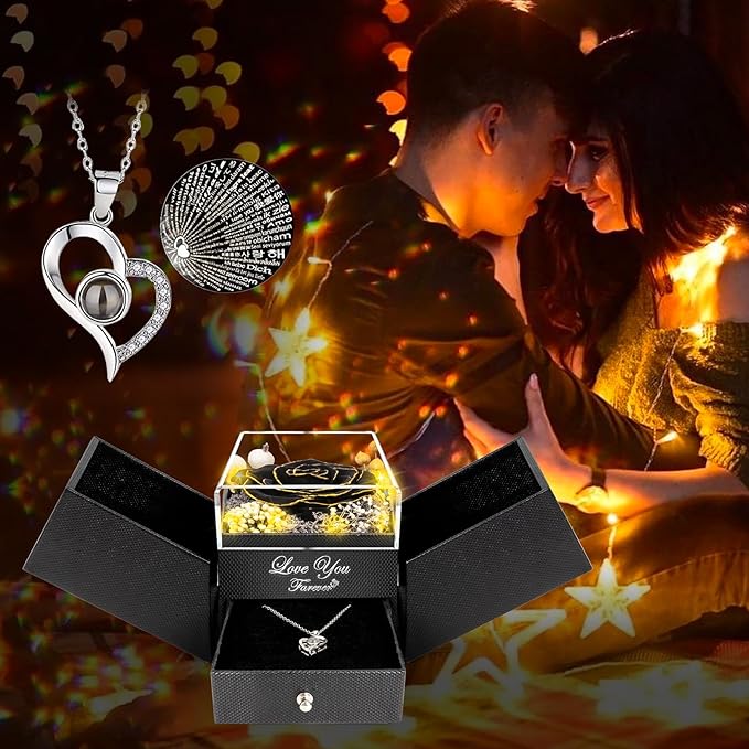 ENERLEAF Preserved Black Real Rose-Eternal Flowers Rose Gifts for Mom Grandma Wife Girlfriend on Mothers Day Birthday Valentines Christmas Anniversary Romantic Gifts for Her with I Love You Necklace