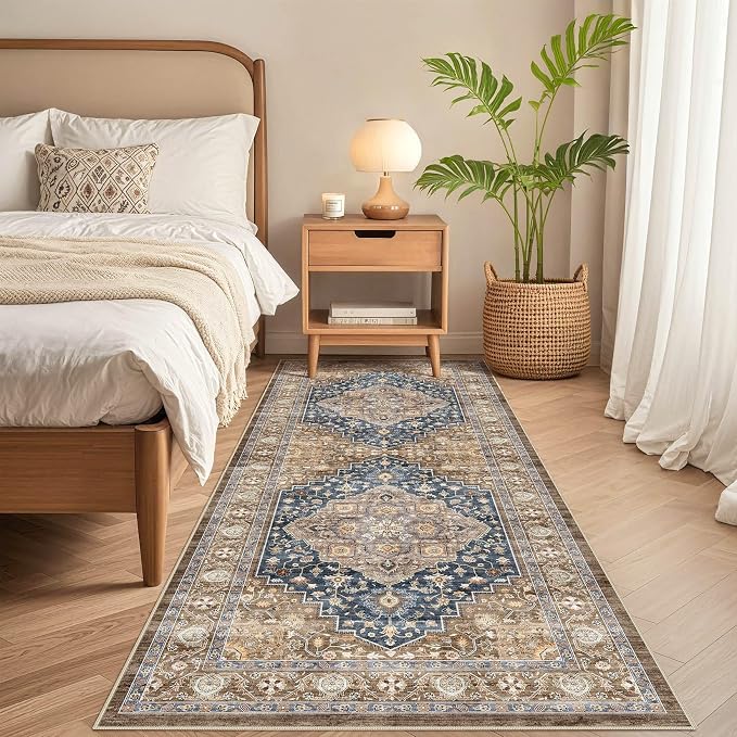 Runner Rug Kitchen Washable Rugs: 3x8 Non-Slip Boho Vintage Stain Resistant Indoor Neutral Farmhouse Throw Carpet for Hallway Bathroom Laundry Room Entryway Bedroom- Yellow Blue