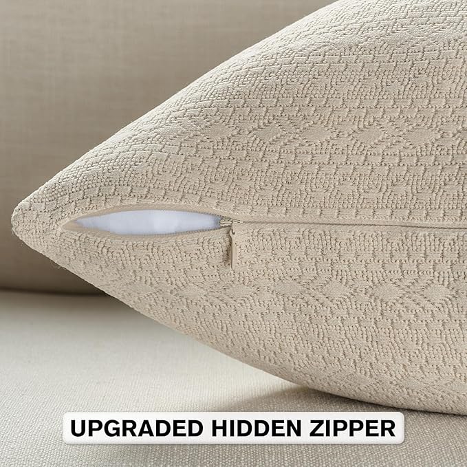 FUTEI Beige Chenille Throw Pillow Covers 18x18 Inch Set of 2,Soft Striped & Diamond Textured Cushion Cases,Modern Home Decor for Couch Living Room