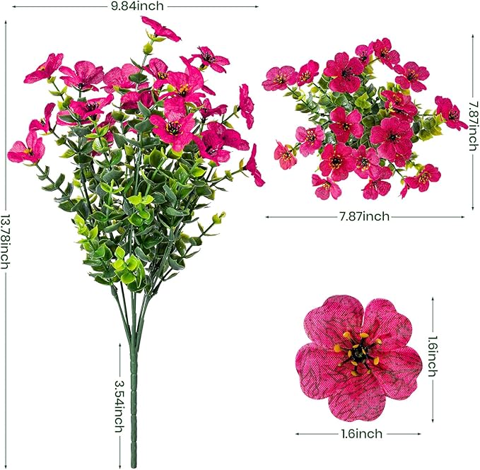 Lnoicy 20 Bundles Artificial Flowers for Outdoor Fake Plants for Spring Decoration,Faux Eucalyptus Flowers for Planter UV Resistant Lifelike for Home Porch Garden（Rose Red）