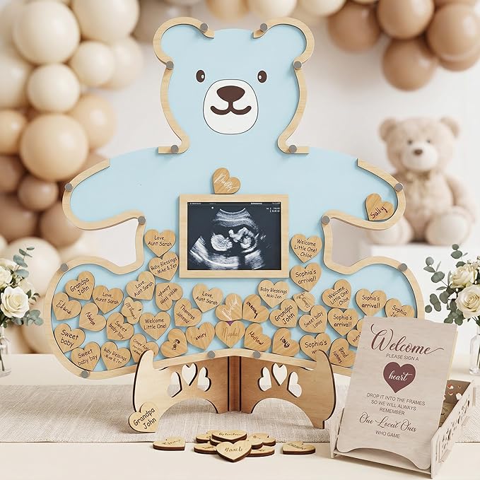 The Real Bossy Baby - Large Teddy Bear Guest Book Frame Keepsake for Baby Shower - Gender Reveal - Birthday - Premium Wood Shadow Box Display - Unique Gift Idea - Personal Nursery Decor - Ultrasound Frame - We Can Bearly Wait Theme - Includes Wooden He...