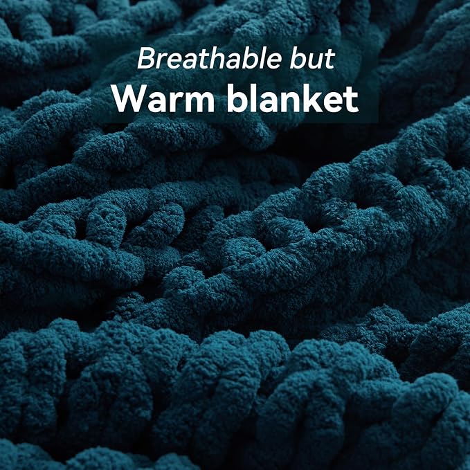 Negwoo Chunky Knit Throw Blanket, 60''*80'' Knitted Throw Chenille Yarn for Bed Couch, Handmade Peacock Blue Crochet Big Thick Blanket, Machine Washable Cute Comfy Blanket for Home Decor