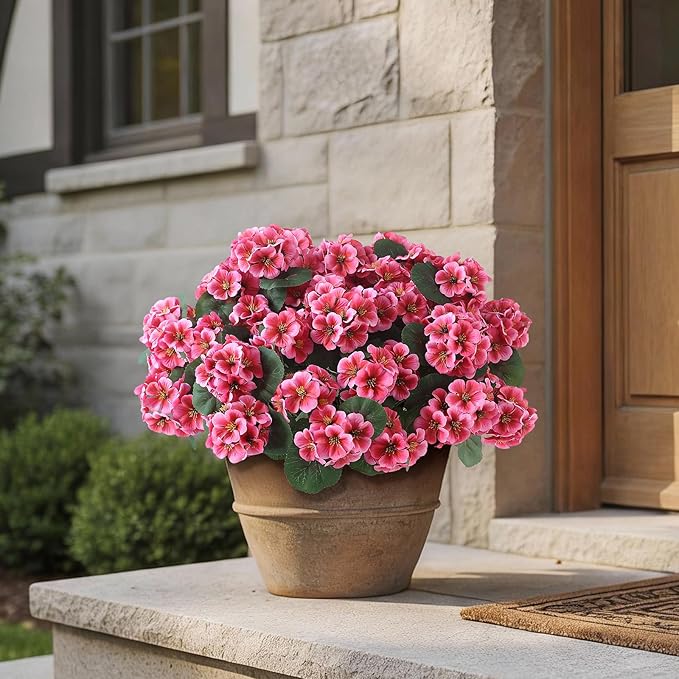 GLIDLION 12 Bundles Artificial Geranium Flowers for Spring Summer Decor, UV-Resistant Fake Plants Realistic Faux Silk Bouquets for Front Door Farmhouse Garden Porch Home Outdoor Decor (Peach Pink)