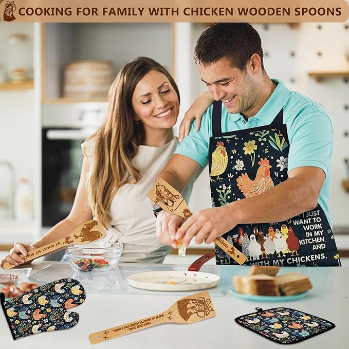 8 PCS Chicken Bamboo Cooking Spoon with Apron and Oven Mitts,Rooster Kitchen Utensil Decor Gifts for Women Chicken Lovers,Roosters Themed Decorations for Home,Housewarming,Birthday,Mother's Day,Easter