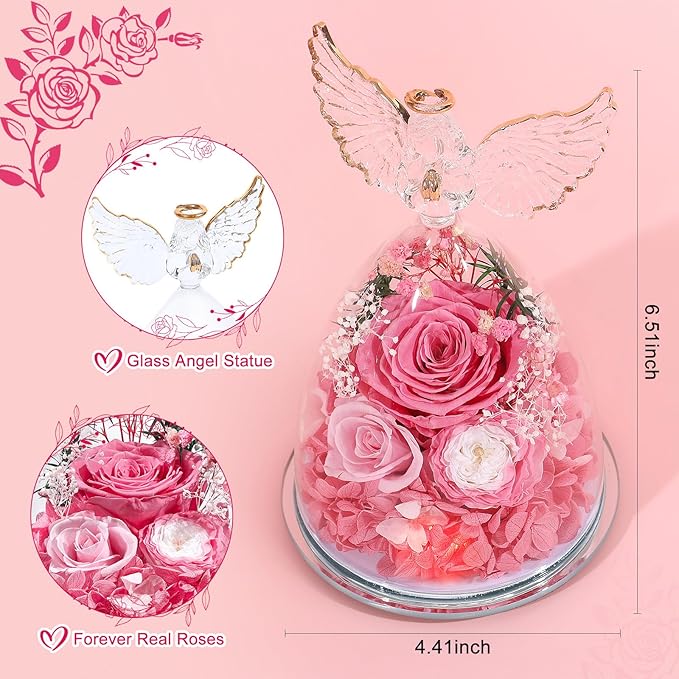 FIACO Gifts for Mom Women Birthday Preserved Rose in Glass Angel Figurine Forever Fresh Flower for Delivery, Mothers Day Flowers Gifts for Grandma Wife Daughter Pink