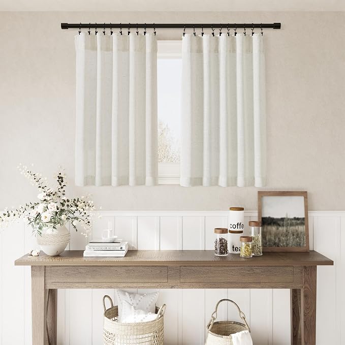 Kitchen Curtain Over Sink 2 Panels Back Tab Pinch Pleated Boho Farmhouse Linen Cafe Curtains 24 Inch Length Light Filtering Sheer Short Tier Drape Window for Small Window Basement 26Wx24L Cream