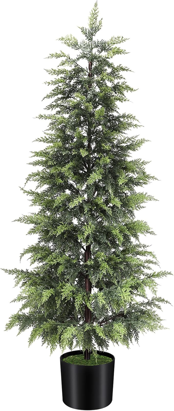ENVEN Outdoor Artificial Topiary Cedar Tree Real Touch Faux Pine Evergreen Shrub Plant UV Resistant Greenery Tree with Pot Realistic Cypress Front Porch Decor (5FT-1Pack)