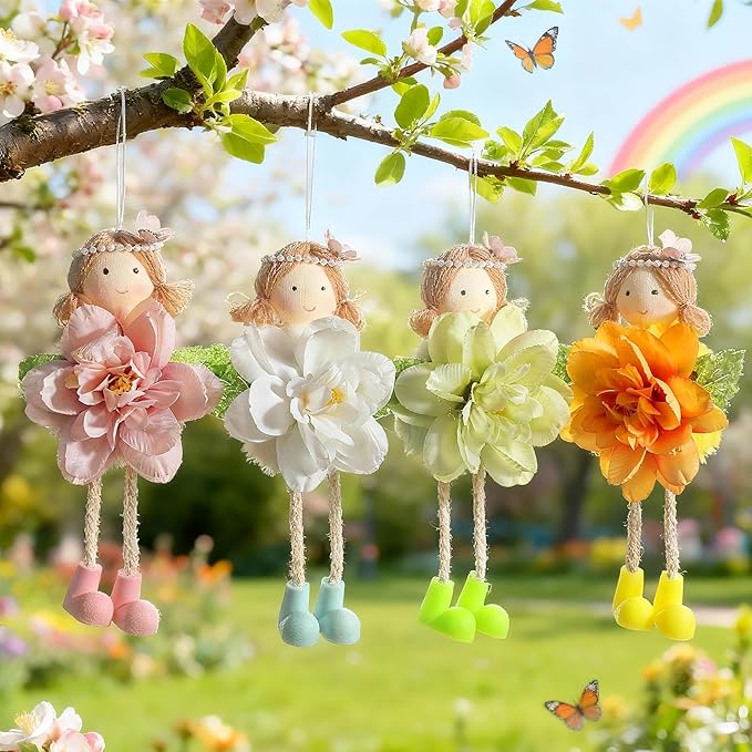 Eimilaly Four-Color Flower Fairies Ornaments Spring Gnome for Home Decorations, Tomte Gnomes Set Ornaments for Garden or Rustic Theme Party Gnome Decor - 4PCS