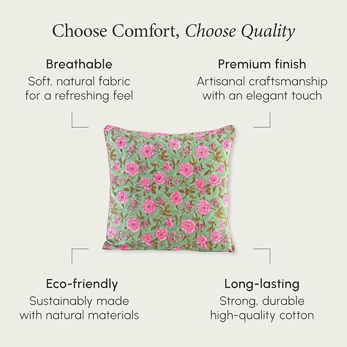 CPC 100% Cotton Throw Pillow Covers 24x24 Inch, Set of 2 Pink Block Print Pattern Couch Pillow, Cute Boho Decorative Pillows for Living Room, Bedroom with Hidden Zipper- Pink Tourmaline