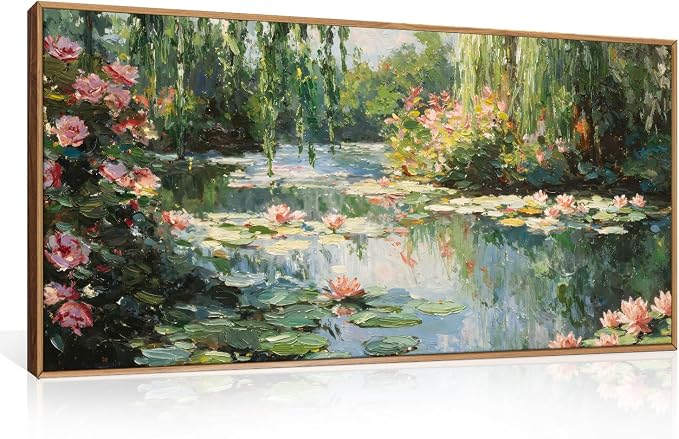 LHIUEM Monet Water Lilies Floral Framed Canvas Wall Art Set,Vintage Impressionist Botanical Wall Decor,Oil Paintings Style Flowers Artwork for Living Room,Bedroom,Dining Room,Office -20"x40"x1