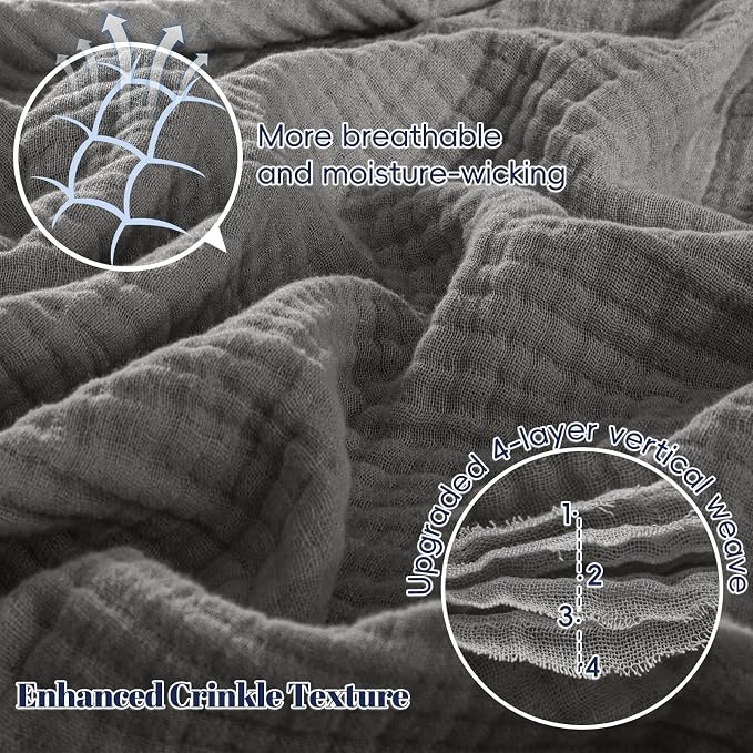 PHF 100% Cotton Muslin Throw XL Blanket Large 50" x 70", 4-Layer Lightweight Gauze Throw, Breathable Cloud-Soft Minimalist Blanket for Bed, Couch, Camping & Baby, Greyish Black, Ideal Gift
