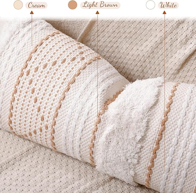 14x36 Lumbar Pillow Cover, Boho Tufted Decorative Throw Pillowcase with Tassels for Bed Couch & Sofa, Modern Farmhouse Accent Cushion, Cream Beige (Cover Only)