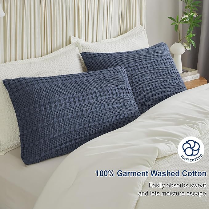PHF 100% Cotton Waffle Pillow Shams Queen Size, 2 Pack 20" x 30" Soft Skin-Friendly Pillowcases, No Filling, Aesthetic Woven and Breathable Waffle Weave Pillow Case Covers for Bed, Indigo