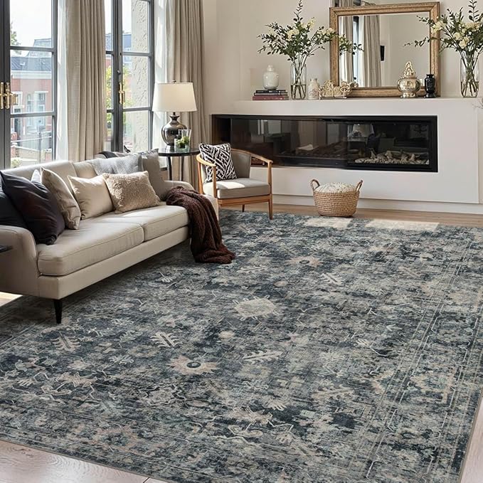 Rugxara 8x10 Area Rugs for Living Room Bedroom, Large Washable Rug, Blue Vintage Retro Boho Rug, Non Slip & Low Pile Faux Wool Thin Carpet for Indoor Dining Room and Kids Room(Blue 8x10ft)