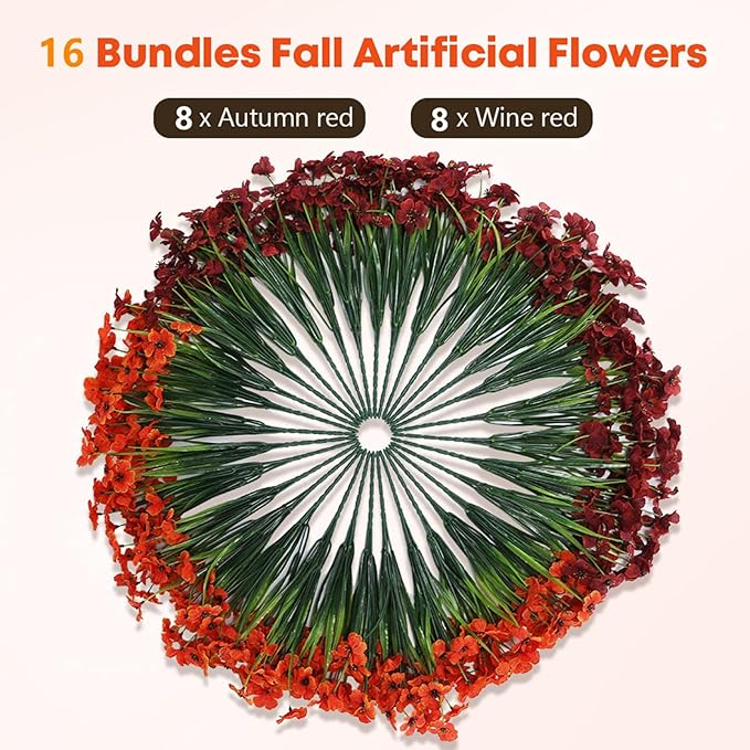 Geegoods Artificial Mum Flowers for Outdoors, 16 Bundles UV Resistant Faux Plastic Mum Flowers for Halloween Front Door Porch Patio Yard Balcony Decor