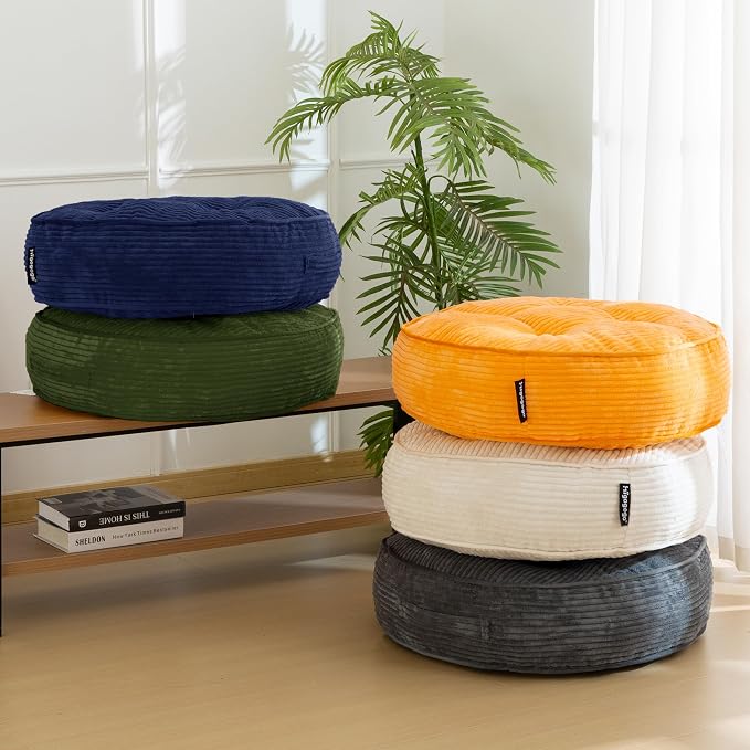 HIGOGOGO 6" Extra Thick Floor Pillow Cushion for Adults, Meditation Cushion Pillow, Large Round Floor Sitting, Tufted Corduroy Cover, for Tatami Living Room or Yoga, 22x22 Inch, 2Pack, Beige