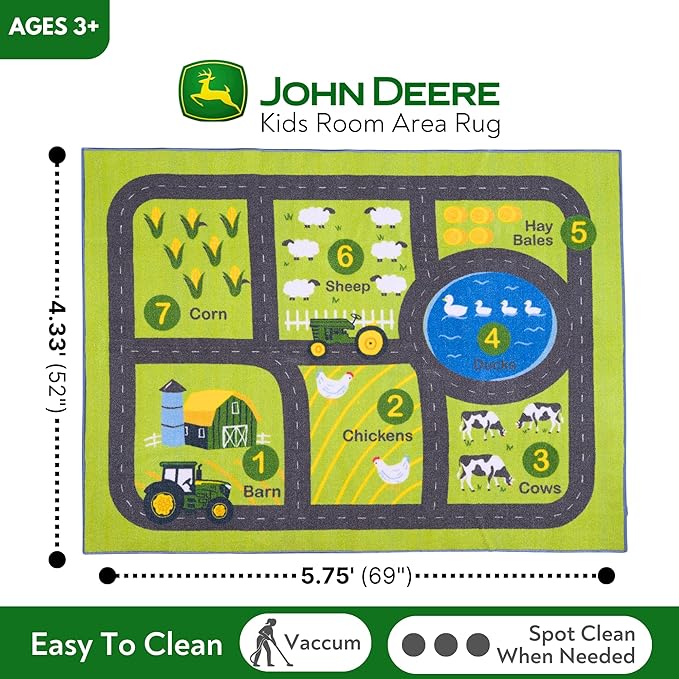 John Deere Interactive Play Area Rug, 69 x 52 Inch Large Kids Farm Playmat with Tractor & Animals, Non-Slip Backing for Bedroom & Playroom (100% Officially Licensed Product) by Franco