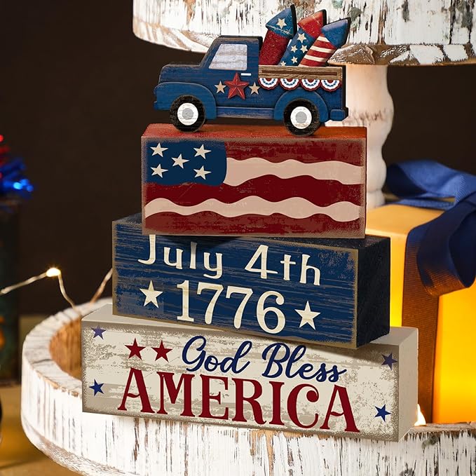 CroBlissful 4 Pcs 4th of July Decorations Patriotic Memorial Day Tabletop Decorations Red White Blue Table Centerpieces Sign for Office Tiered Tray Home Shelf 250th Anniversary(Truck)