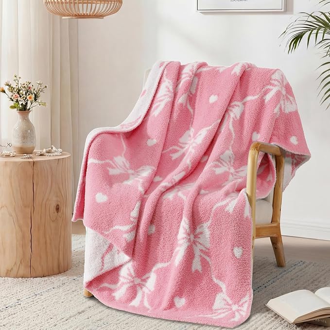 WRENSONGE Soft Throw Blanket for Couch-Cozy Reversible Knitted Blankets | Lightweight Warm Fluffy Decor for Women, Mom, Her & Girls, Sofa, Chair, Bed, 50x60in, Diamond Bowknot Pink