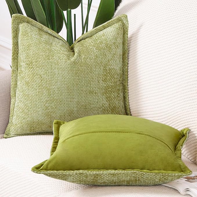 MADIZZ Decorative Chenille Velvet Throw Pillow Covers Set of 2 Soft Boho Textured Neutral Couch Throw Pillow for Bed Modern Farmhouse Home Decor for Sofa Livingroom Light Green 20x20 Inch