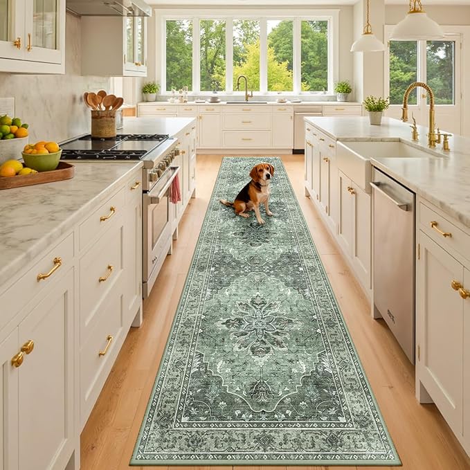 RELEANY Area Rugs 2'x10' Runner Rug Non Slip Washable for Kitchen Hallway Bedroom Beside Laundry Room Bathroom Rug, Floor Carpet, Dark Green Gray