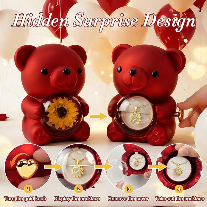 Trinckle Sunflower Necklaces for Women Mothers Day Gifts for Mom or Wife, Teddy Bear Gifts with Preserved Sunflower, Cute Sunflower Gift Box Anniversary Birthday Jewelry for Girlfriend Daughter