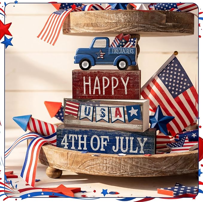 CroBlissful 4 Pcs 4th of July Decorations Patriotic Memorial Day Tabletop Decorations Red White Blue Table Centerpieces Sign for Office Tiered Tray Home Shelf 250th Anniversary(Happy Usa)
