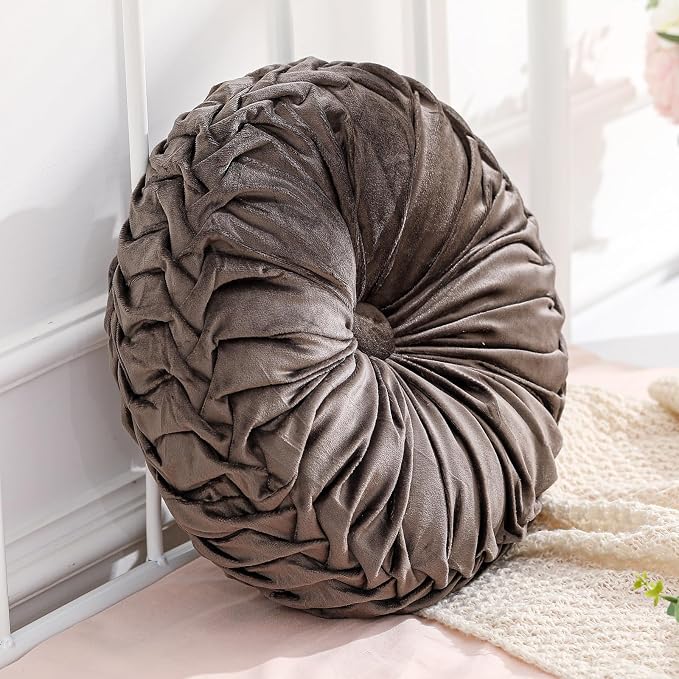 Drydiet 1 Pcs Round Throw Velvet Pillows Decorative Pleated Throw Pillows Diameter Accent Pumpkin Boho Chair Cushion for Couch Sofa Home Decoration (Taupe,15'')