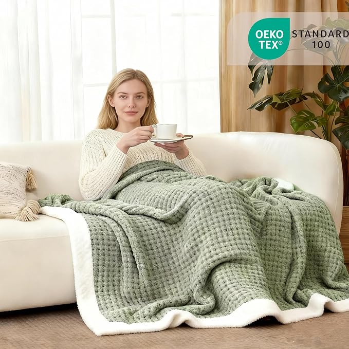 WRENSONGE Soft Throw Blanket for Couch-Cozy Reversible Knitted Blankets | Lightweight Warm Fluffy Decor for Women, Mom, Her & Girls, Sofa, Chair, Bed, 50x60in, Pineapple Stitch,Sage Green