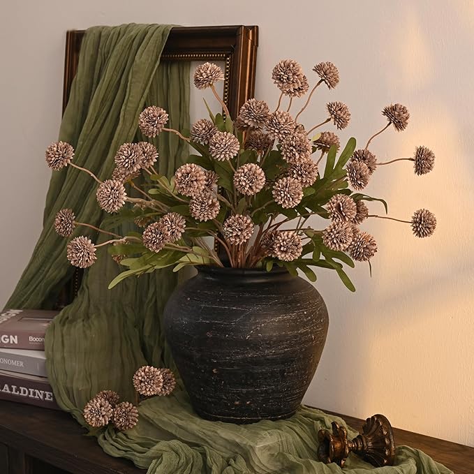 Waipfaru 10pcs Fake Silk Pompon Mum Artificial Flowers, Bulk Faux Mini Chrysanthemums, for Centerpieces Wedding Fillers Champagne Arrangements, No vase, Brown