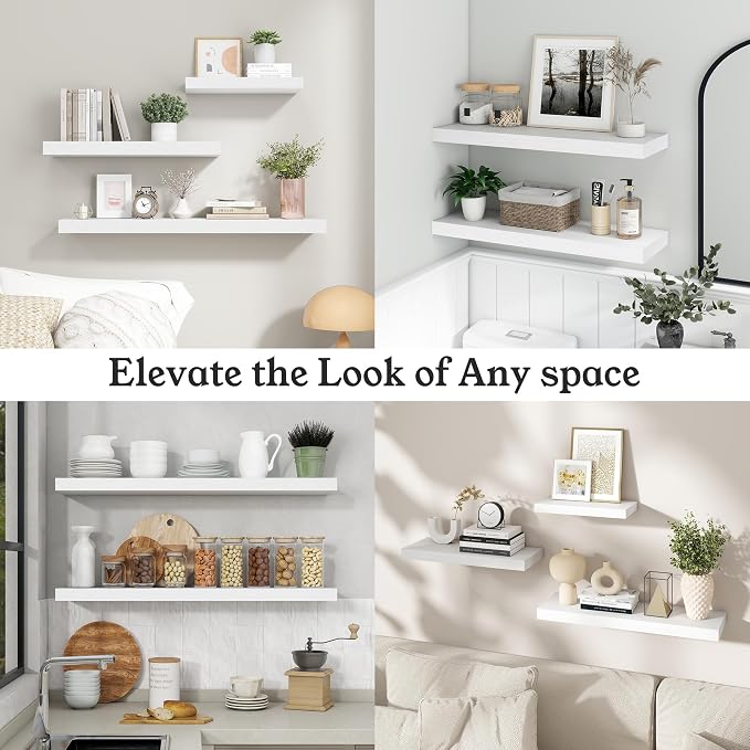 White Floating Shelves for Wall, 9.3" Deep Wall Mounted Wood Shelves for Bathroom, Bedroom, Living Room, Kitchen, Hanging Shelf for Books/Storage/Room Decor (White, 36")