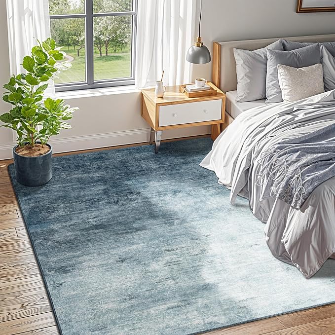 6x9 Washable Area Rug, Blue Solid Area Rugs for Living Room & Bedroom | Stain-resistant & Non-slip backing,Low Pile Washable Large Carpet, Solid Vintage Style For High Traffic Areas(6x9,Blue)