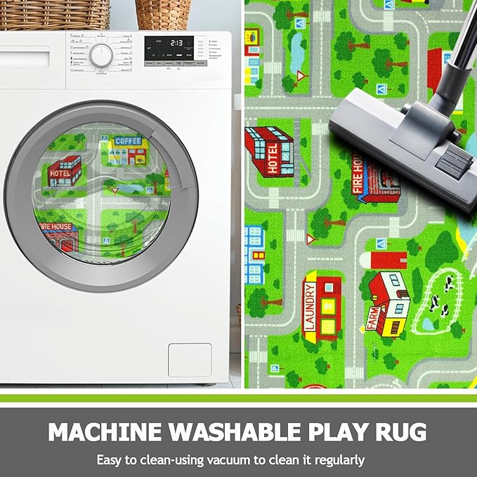 Capslpad Green Car Road Kid Rug Carpet Playmat for Playoom Traffic Road Kids Play Mat for Toddler Non Slip Washable City Map Race Track Carpet Rug for Kids Room Bedroom Nursery Room Decor,4'x4'